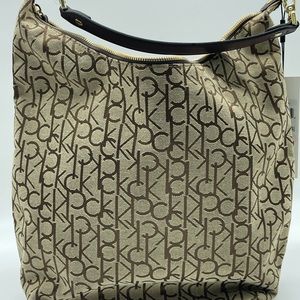 Calvin Klein Womens Elaine Monogram Logo Hobo Handbag Beige Detachable Strap New